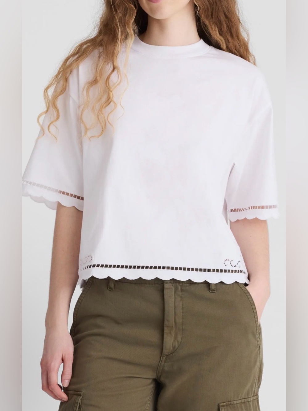 Madewell. Women’s Allday Embroidered Boxy Crop T-Shirt .White Lace Trim.XS.NWT